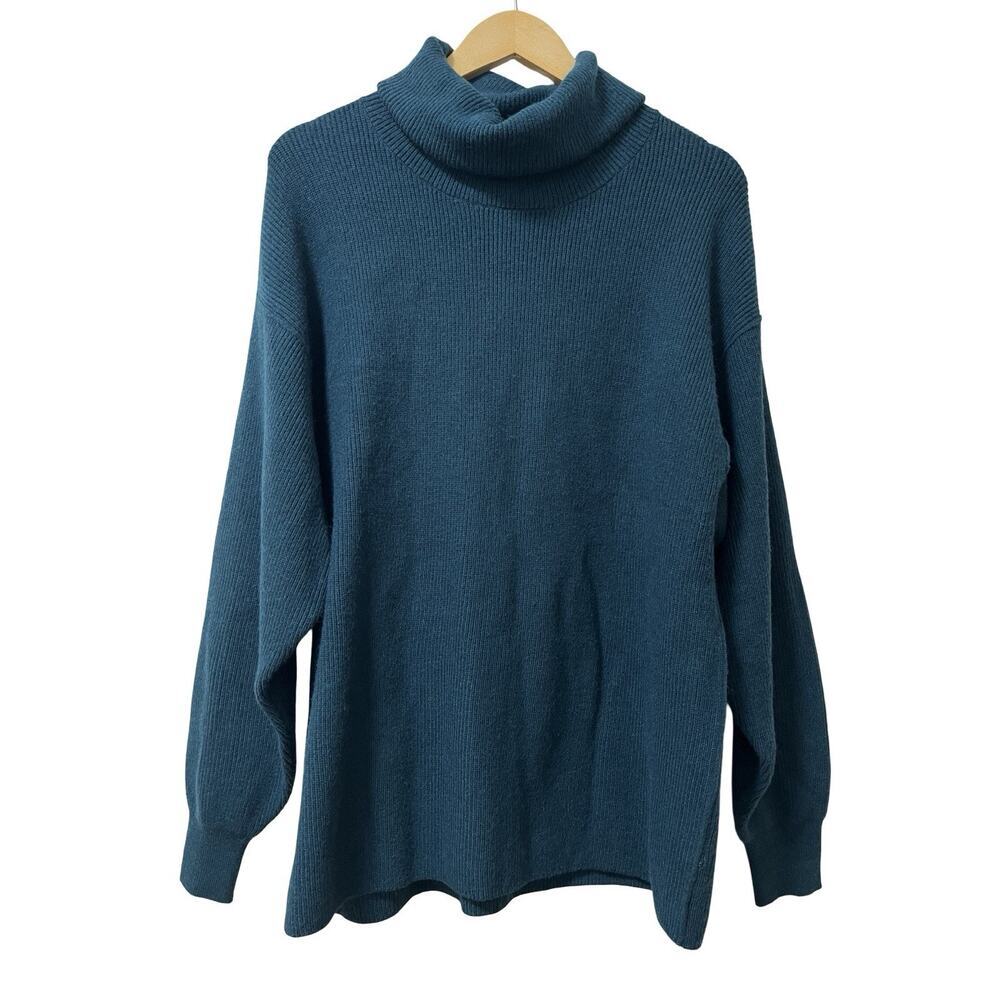 Free People Easy Street Turtleneck Tunic Sweater Size S Teal Blue Oversized Boho
